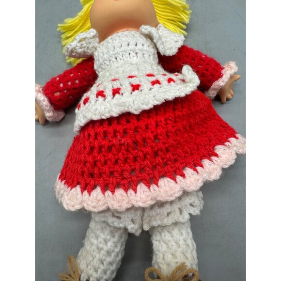 Vintage Handmade Crochet Doll With Yellow Yarn Hair & Red Dress Apron 14" READ - Picture 4 of 9